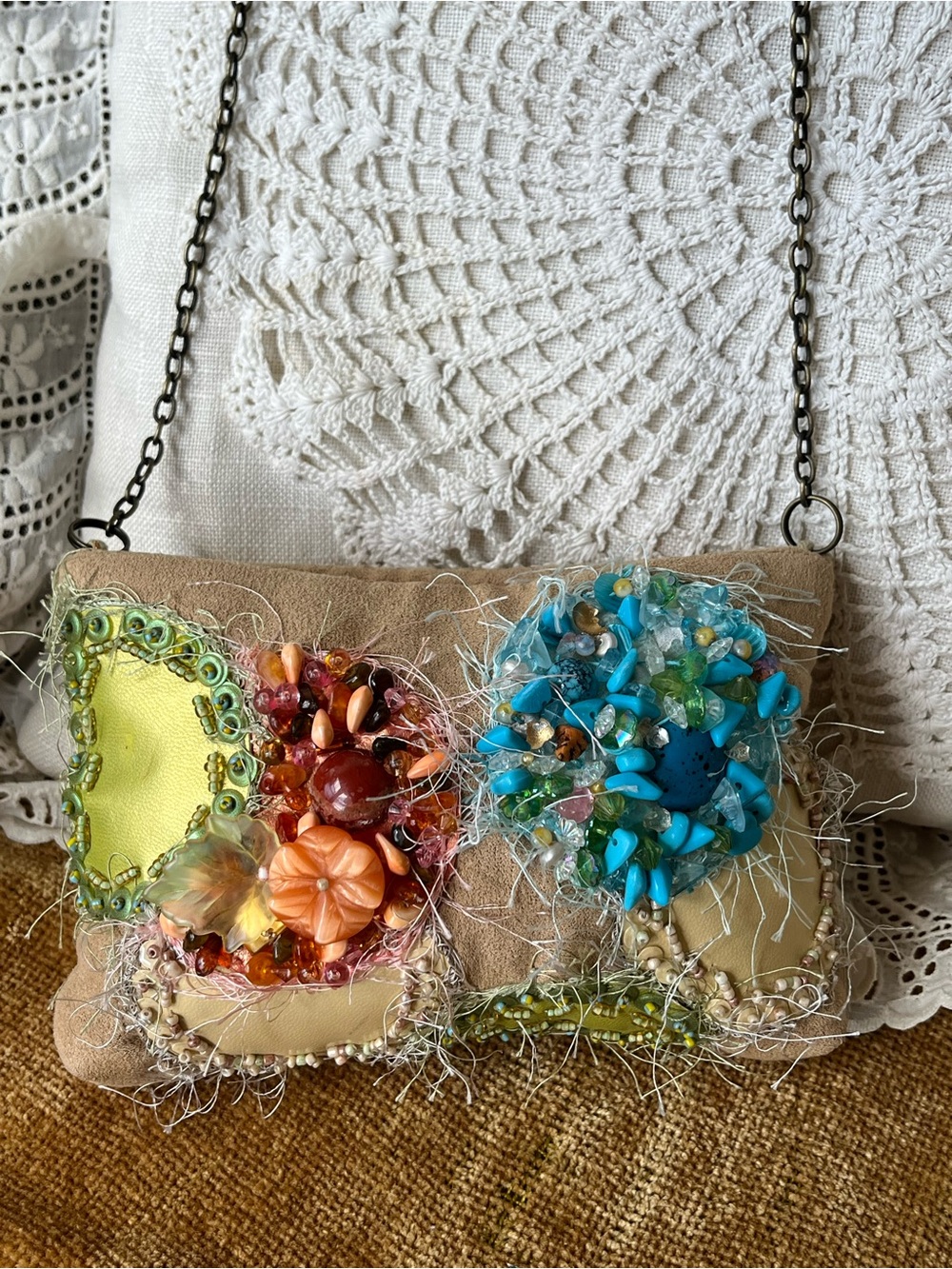 Mary Frances 💚🧡🩵 Mini Beaded Floral Patchwork Crossbody Purse Suede Bag